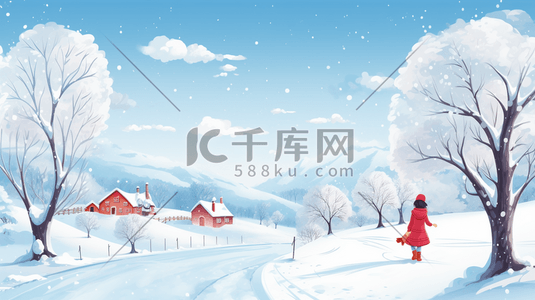 雪山林插画图片_手绘唯美冬季山林积雪少女背影插画4