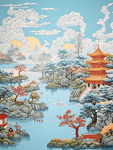 青绿色油画质感中国画山水风景插画42