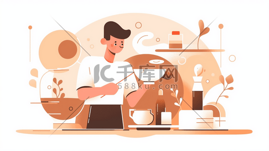 手冲咖啡插画图片_扁平化咖啡师在厨房冲调咖啡插画6