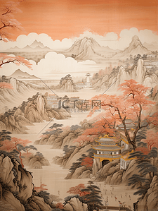 中国山川插画图片_国潮复古壁画质感中国山水插画1