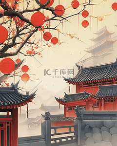 中国风水墨风春节喜庆红灯笼古典插画