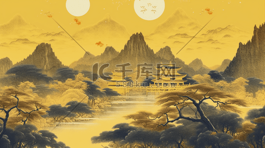 中国风古风传统山水插画图片_手绘国潮亭台楼阁山水插画7