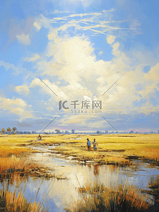 icon123插画图片_蓝天白云下农民在稻田工作插画123