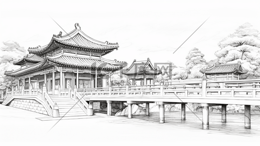 线稿稿插画图片_中国风手绘建筑线稿插画5