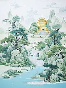 中国画绘画插画图片_青绿色油画质感中国画山水风景插画39
