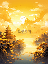 金色中国风古典建筑风景插画35