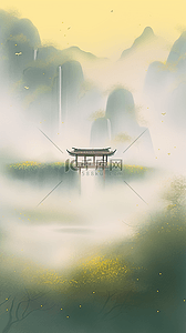 绿色烟插画图片_素雅国风点彩风青绿色山水风景