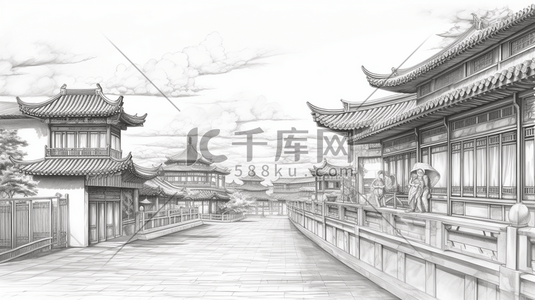 中国风手绘建筑线稿插画24