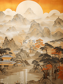 国潮复古壁画质感中国山水插画20
