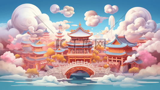 国潮立体剪纸中国传统建筑插画5
