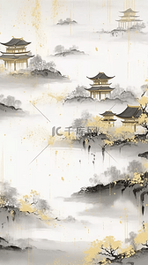 阁楼水墨插画图片_国风秋色水墨金箔园林景观山水