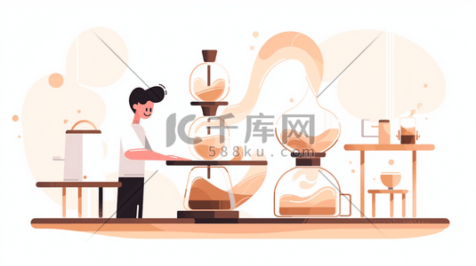 手冲咖啡插画图片_扁平化咖啡师在厨房冲调咖啡插画19
