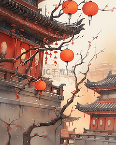 中国风水墨风春节喜庆红灯笼古典插画