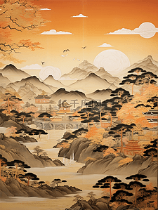 复古中插画图片_国潮复古壁画质感中国山水插画6