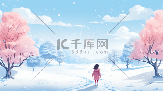 手绘唯美背影插画图片_手绘唯美冬季山林积雪少女背影插画2