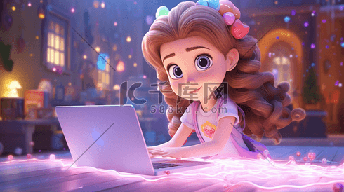 缤纷C4D玩电脑的小女孩插画