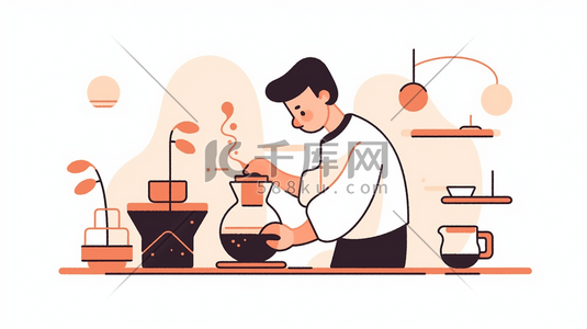 手冲咖啡插画图片_扁平化咖啡师在厨房冲调咖啡插画2