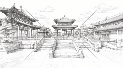 中国风手绘建筑线稿插画11