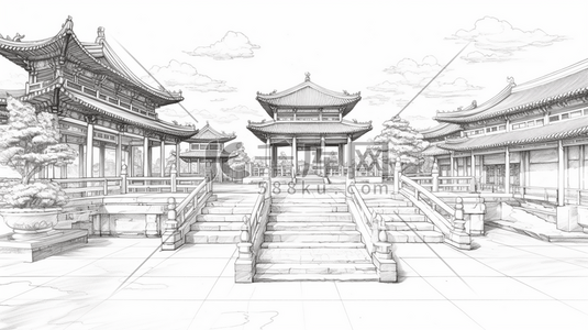 线稿稿插画图片_中国风手绘建筑线稿插画11