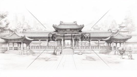中国风手绘建筑线稿插画13