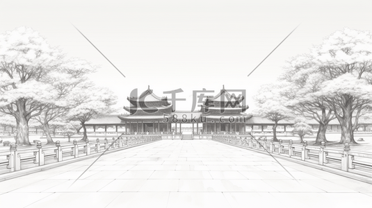 中国风手绘建筑线稿插画28