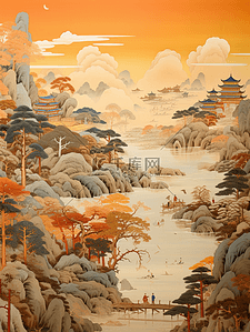 国潮复古壁画质感中国山水插画21