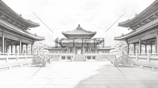 中国风手绘建筑线稿插画12