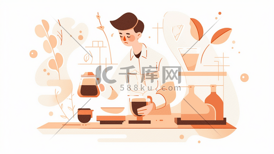 手冲插画图片_扁平化咖啡师在厨房冲调咖啡插画3