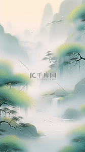 中国风雅致插画图片_素雅国风点彩风青绿色山水风景9