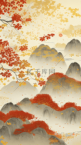 中国风金色山水插画图片_橙红色秋天山水中国风秋天山水