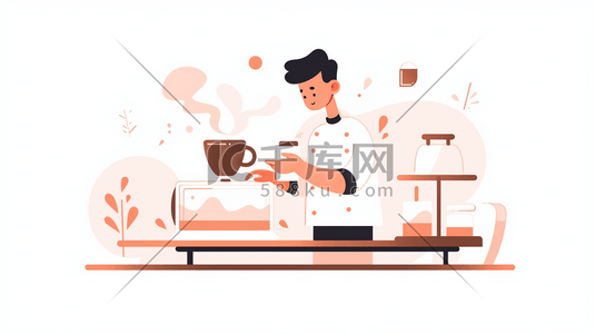 手冲插画图片_扁平化咖啡师在厨房冲调咖啡插画7
