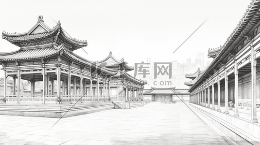 中国风手绘建筑线稿插画23