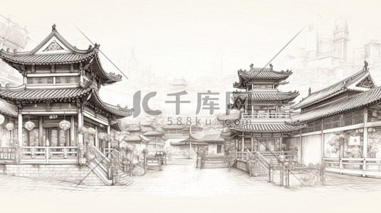 中国风手绘建筑线稿插画14