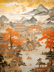 国潮复古壁画质感中国山水插画16