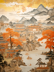 中国山川插画图片_国潮复古壁画质感中国山水插画16