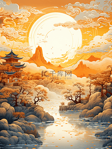 金色中国风古典建筑风景插画16