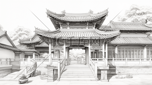 稿线插画图片_中国风手绘建筑线稿插画2