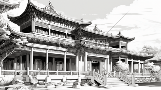 中国风手绘建筑线稿插画10