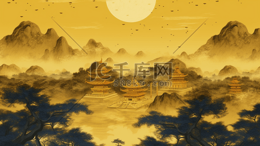 中国风古风传统山水插画图片_手绘国潮亭台楼阁山水插画1