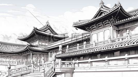 中国风手绘建筑线稿插画30