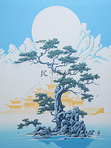 青绿色油画质感中国画山水风景插画40