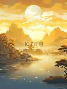 金色中国风古典建筑风景插画7