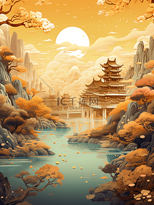 金色中国风古典建筑风景插画14