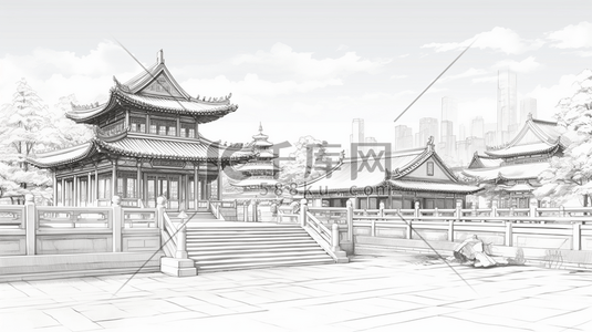中国风手绘建筑线稿插画8