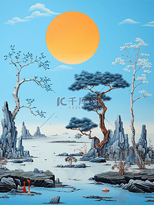 5质感插画图片_青绿色油画质感中国画山水风景插画5