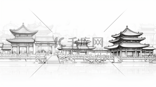 稿线插画图片_中国风手绘建筑线稿插画7