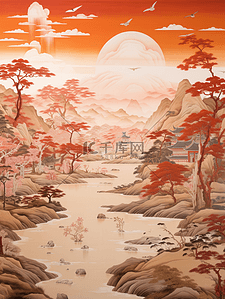 国潮复古壁画质感中国山水插画3