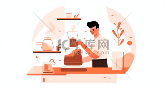 手冲插画图片_扁平化咖啡师在厨房冲调咖啡插画8