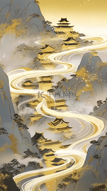 国潮中国风金箔祥云缭绕的宫殿山水插画图片_千库网(插画id:200312)