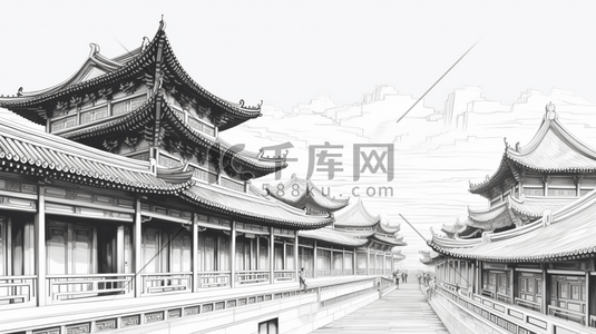 中国风手绘建筑线稿插画36